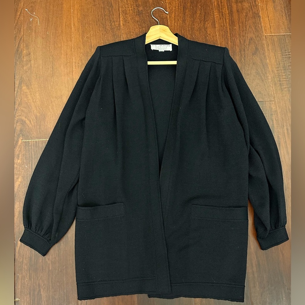 Vintage ST. JOHN Basics Santana Knit Open Front Long Cardigan in Black Sz S - Picture 7 of 16